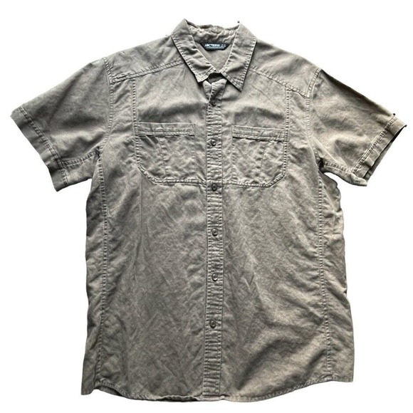 Arc'Teryx SS Button Up Shirt Linen Blend Logo Brown Medium Men EUC - Picture 1 of 9
